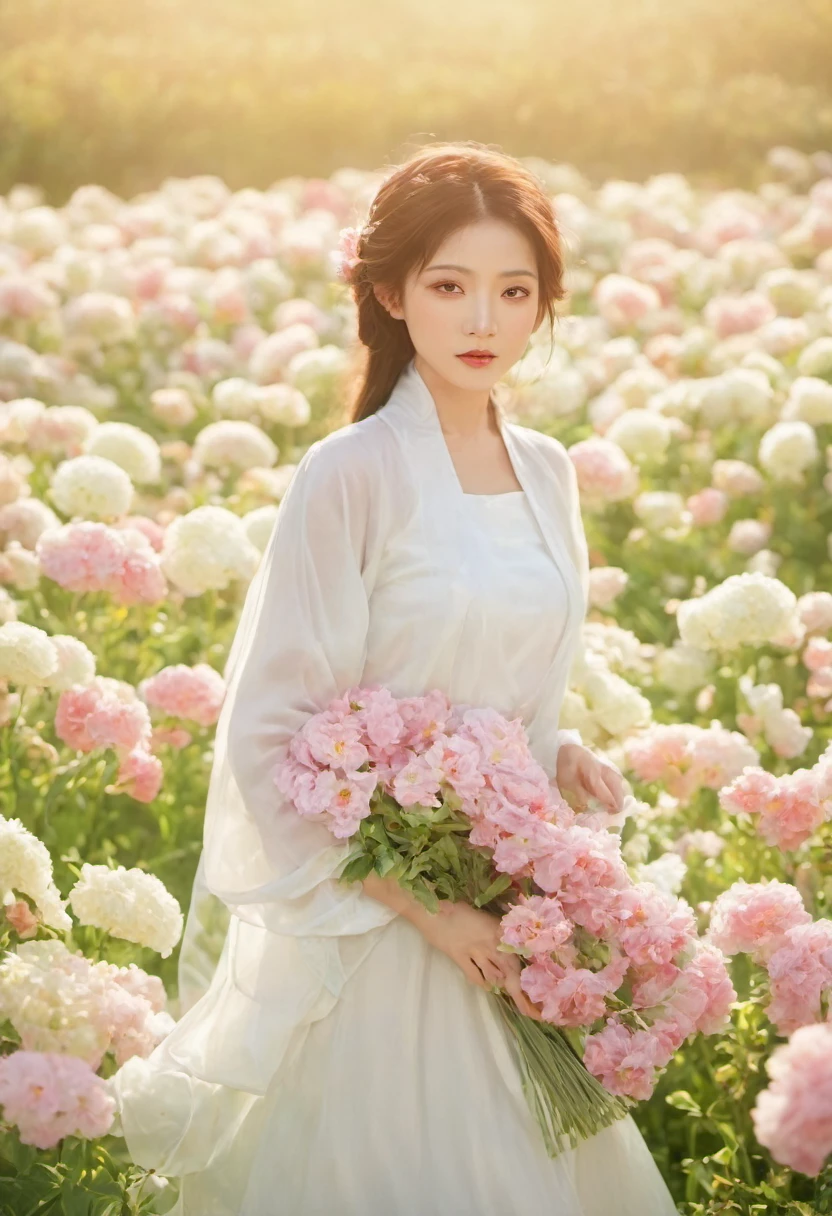 a beautiful girl in white aodai , masterpiece, best quality, realistic:1.3,in a field of flowers, holding bundle of flowers, sunlight, backlighting, emotional depth, flowers, flower fields, bloom, ultra detailed, film grain,hazy light and shadow, aestheticism, melancholic film