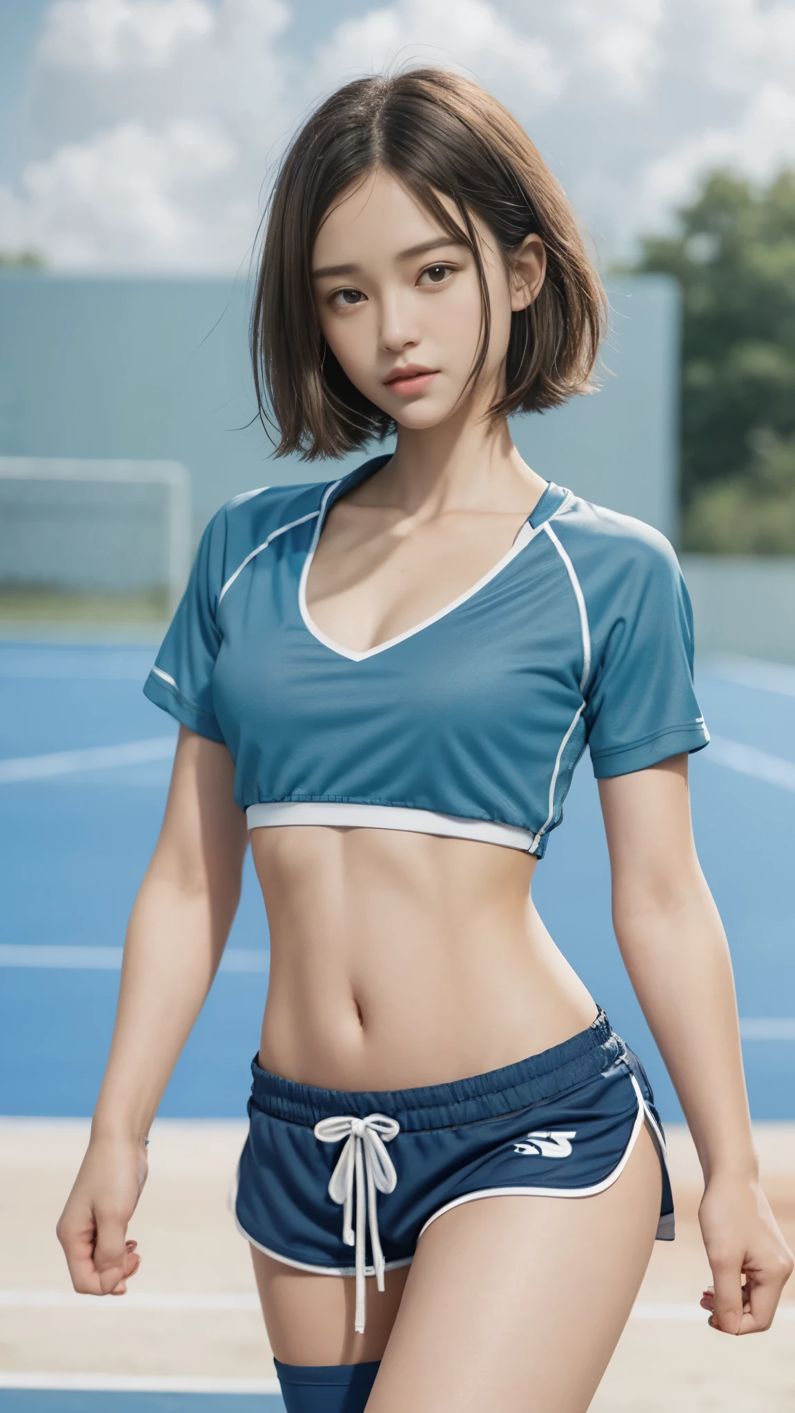 A woman wearing tennis clothes posing on a tennis court, Sporting goods and shirt, tennis wear, かわいいsportswear, Sporting goods and dark blue shorts, sportswear, sportswear, waist shot, Sporting goods, from me, Sporting goods and shorts, summer, short sleeve, play sports often, training bra、(((flat chest)))、short hair
