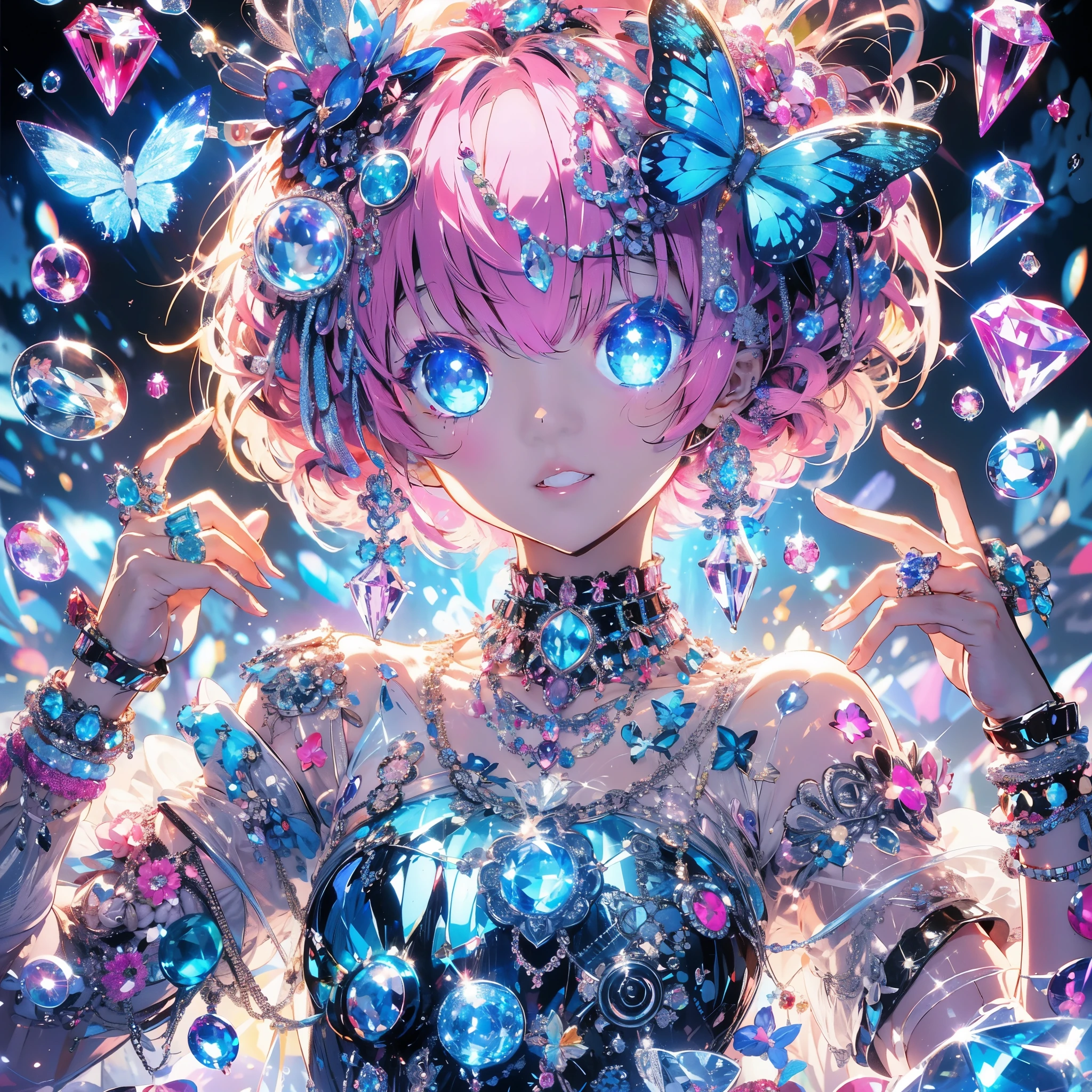 Create a high-resolution, highest quality vivid anime scene focusing on shiny, reflective, bright jewelry elements. The girl with glowing pink bobbed hair and luminous blue eyes is adorned in a crystal clear costume, heavily accented with punk and whimsical elements, blue butterfly accessories, and numerous gems. The background features abstract glow chaos with scattered gems and focused light effects on the gems' sparkle, creating a lavish scene of profuse blooming. The artwork combines rich textures, detailed linework, cell shading, and vivid colors to highlight the luxurious allure of jewelry.