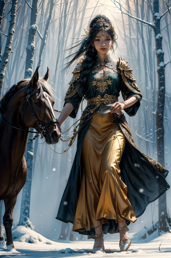 best quality,ultra-detailed,realistic,masterpiece:1.2,portrait,ancient Chinese beauty,Tang dynasty style,gorgeous silk dress,adorned with intricate embroidery,gold hairpin,fair complexion like a painting,detailed eyes and lips,exquisite foot-binding shoes,luxurious fur cloak,graceful and elegant,holding a delicate hand fan,walking in a snowy forest,creating a scene of an immortal fairy in an ancient palace.