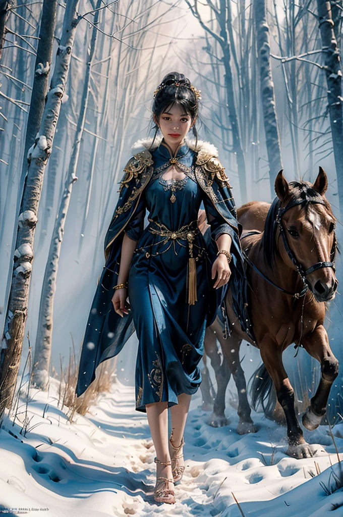 best quality,ultra-detailed,realistic,masterpiece:1.2,portrait,ancient Chinese beauty,Tang dynasty style,gorgeous silk dress,adorned with intricate embroidery,gold hairpin,fair complexion like a painting,detailed eyes and lips,exquisite foot-binding shoes,luxurious fur cloak,graceful and elegant,holding a delicate hand fan,walking in a snowy forest,creating a scene of an immortal fairy in an ancient palace.