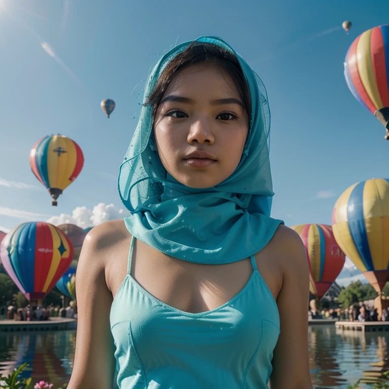 Generate film stills, low angle shot, iso 100, 8mm lens, f/18, 1/60s. close up photo of an Indonesian girl, 10 years, in a hijab floating in a magical oasis in the sky. Surround him with bright colorful hot air balloons and fantasy elements, creating a dreamlike atmosphere, bright color gradation, depth of field, high quality, ultra detail, 8k resolution,