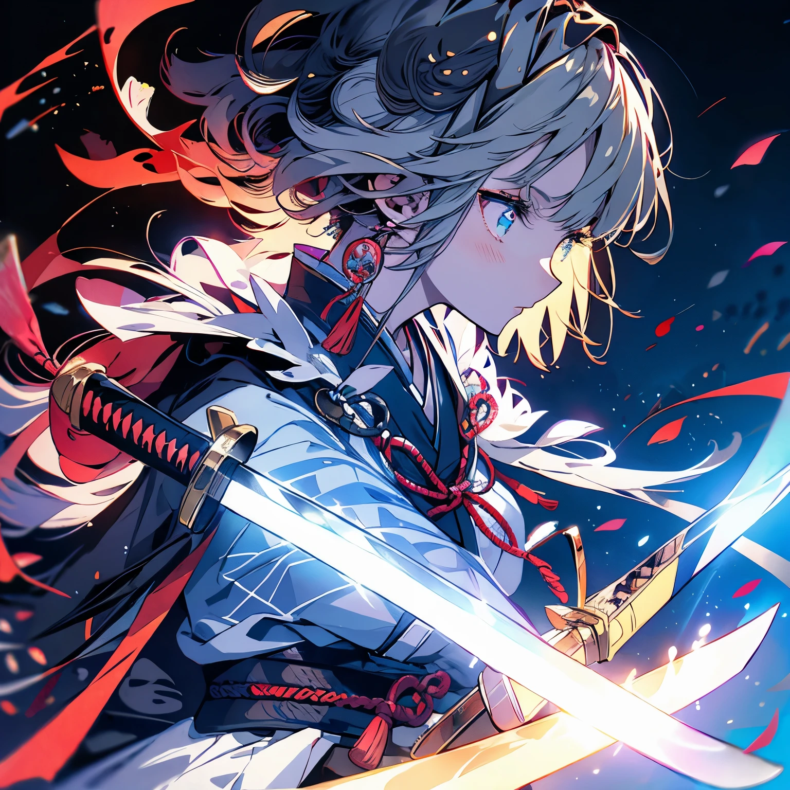 highest quality、masterpiece、anime girl、white hair、serious face、Landscape、profile、(((holding one Japanese sword)))、Aikikiri、warrior、night sky、moon