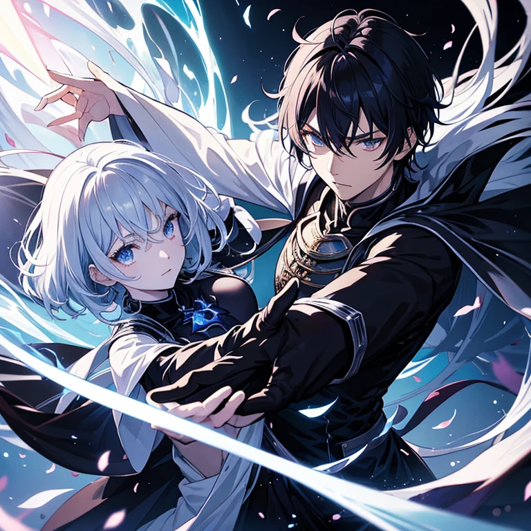 Create a manga cover about dark magic themed anime. The protagonist is a Black-haired guy with a demon power. Alongside him is a pretty silver-haired goddess mage. 