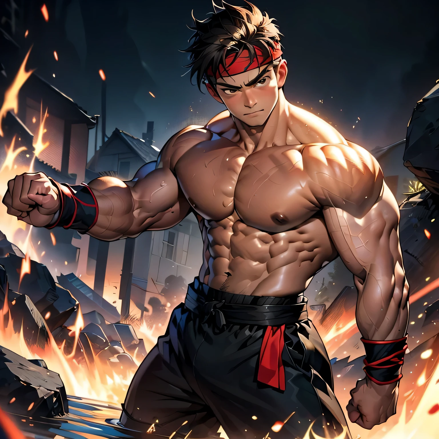 (Masterpiece, Best quality 19 year old boy, simple background, cowboy shot), solo, Young, boy, muscler, Shirtless, topless, (Dark Short straight hair, under cut, brown eyes), (red headband, ((black wristband, weist sash))), Vivid colors, (hot Abs:1.2, abs!, big abs, big breast:1.2, chest!, muscler upper arms, mighty fist), (topless male), closed mouth, muscler!, muscler body, Man with martial arts stance, (aura power:1.4), detailed face, detailed muscle, ((( random fighting pose, aggressive, powerful, action, rippling muscles)))