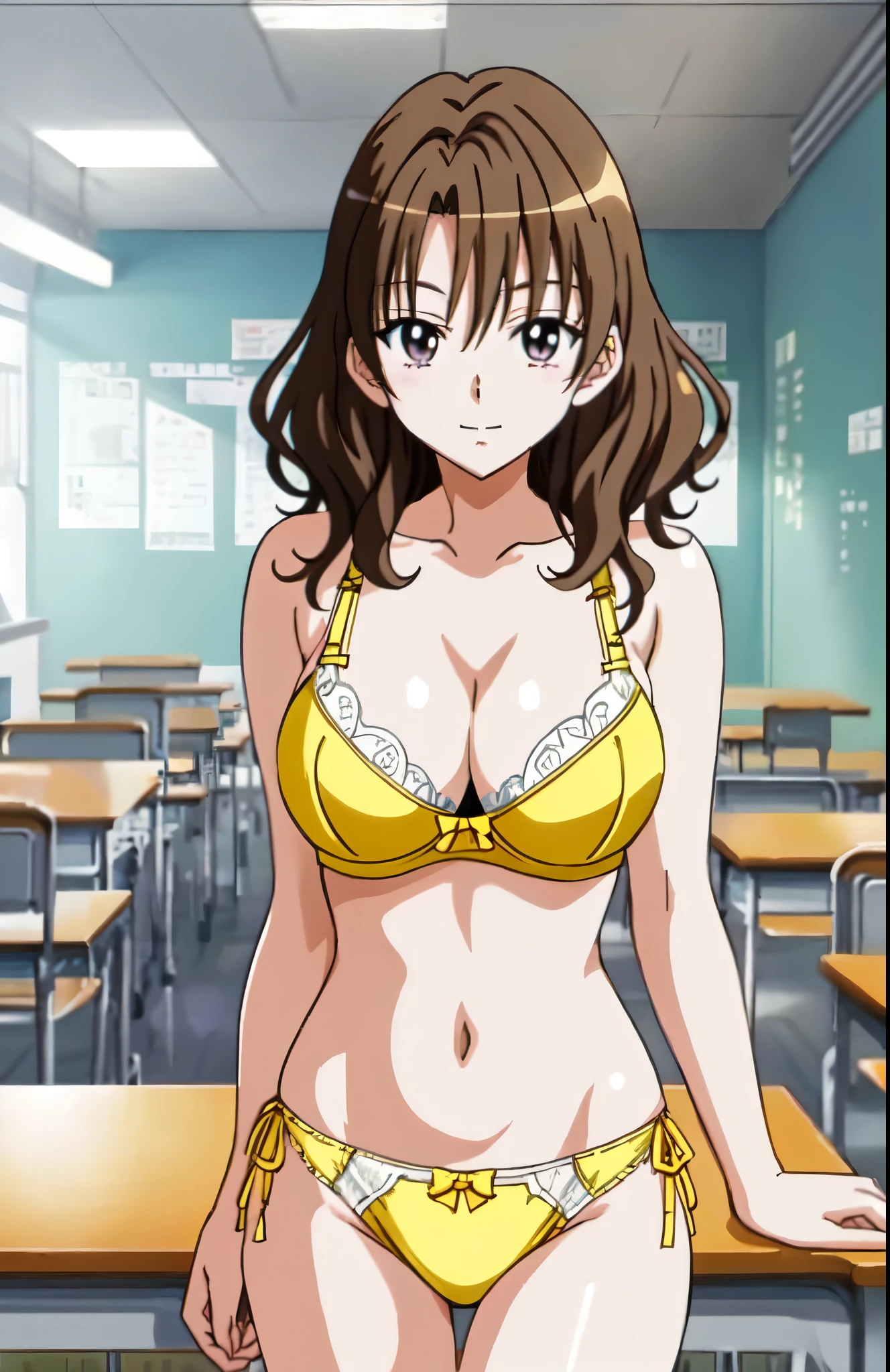 anime girl in a yellow bra with a black bow and yellow panty with a black bow、Woman with short brown hair、brown eyed woman、wavy hair、seductive anime woman、clothing:yellow bra、yellow panties、tall woman、sexy atmosphere、anime moe art style、big breasts、woman with very large breasts、(anime girl)、attractive anime girl、naughty anime style、Beautiful charming anime teen、Smooth anime CG art、school classroom、indoor、cleavage、bra with an yellow、panty with an yellow、whole body、a girl is standing、digital anime art!!、female focus、perfect body、sexy anime girl、full body、anime best girl、solo、underwear only、Bra and panties only、8k!!、High resolution!!、