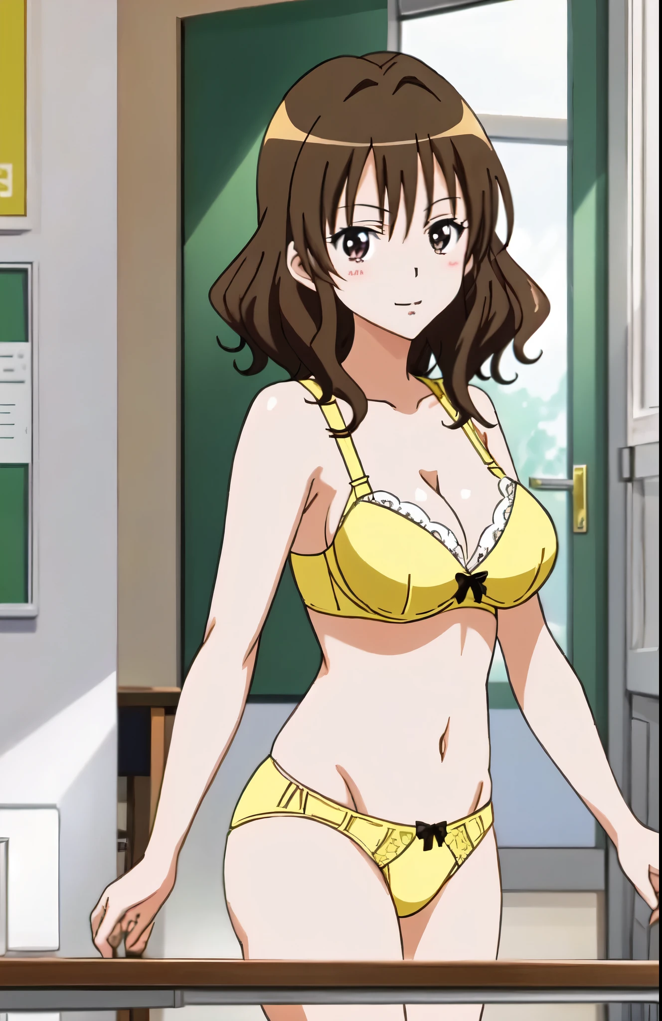 anime girl in a yellow bra with a black bow and yellow panty with a black bow、Woman with short brown hair、brown eyed woman、wavy hair、seductive anime woman、clothing:yellow bra、yellow panties、tall woman、sexy atmosphere、anime moe art style、big breasts、woman with very large breasts、(anime girl)、attractive anime girl、naughty anime style、Beautiful charming anime 、Smooth anime CG art、school classroom、indoor、cleavage、bra with an yellow、panty with an yellow、whole body、a girl is standing、digital anime art!!、female focus、perfect body、sexy anime girl、full body、anime best girl、solo、underwear only、Bra and panties only、8k!!、High resolution!!、