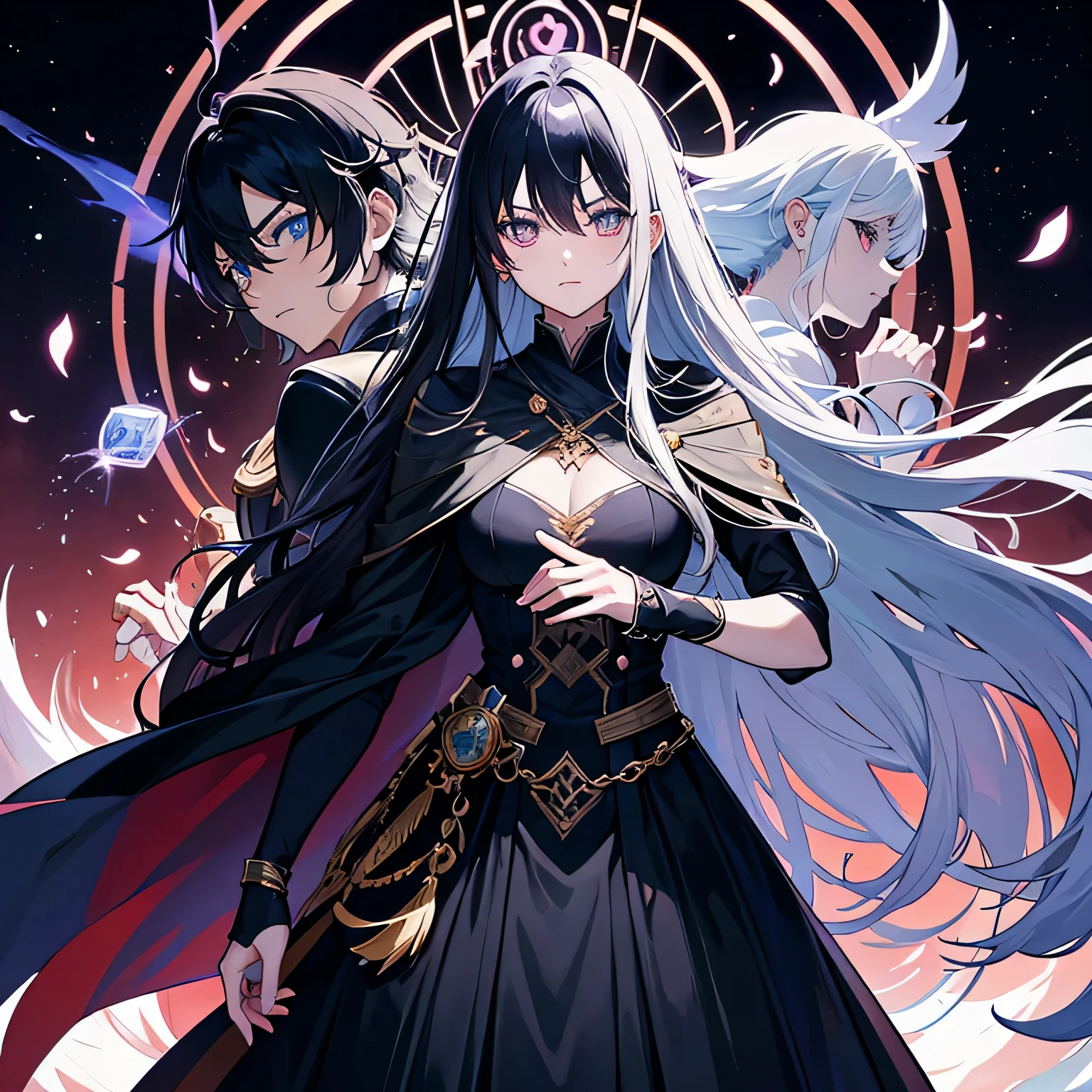Create a manga cover about dark magic themed anime. The protagonist is a Black-haired guy with a demon power. Alongside him is a pretty silver-haired goddess mage. 