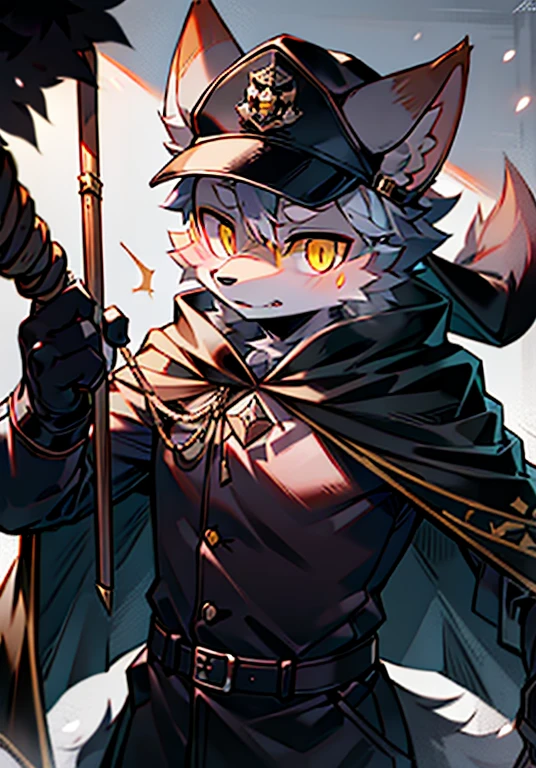 best quality,Delicate painting style,Exquisite hook line,delicate skin,fine hair,slender hands,exquisite eyes,normal eyes,gray wolf ears,hairy,yellow eyes,Handsome,pupil,,Different pupils, criminal department, mottled light and shadow, people,There is God'Bright Eyes,gray fur,black military uniform,black military cap,large hat,black cloak,black cloak,Holding a long leather whip in his hand,black gloves,black leather gloves,attack,cold,strongly,cold,ruthless