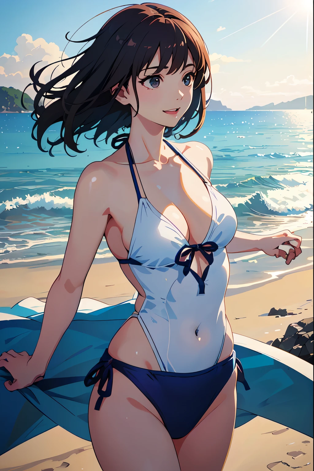 サーフボードとon the beach青いビキニを着たアニメの***, Makoto Shinkai and Artgerm, highly detailed art germ, swimsuit, Ilya Kuvshinov. 4k, by Yoshihiko Wada, on the beach, detailed digital anime art, artgerm and Ilya Kuvshinov, Artgerm and Ati Gailan