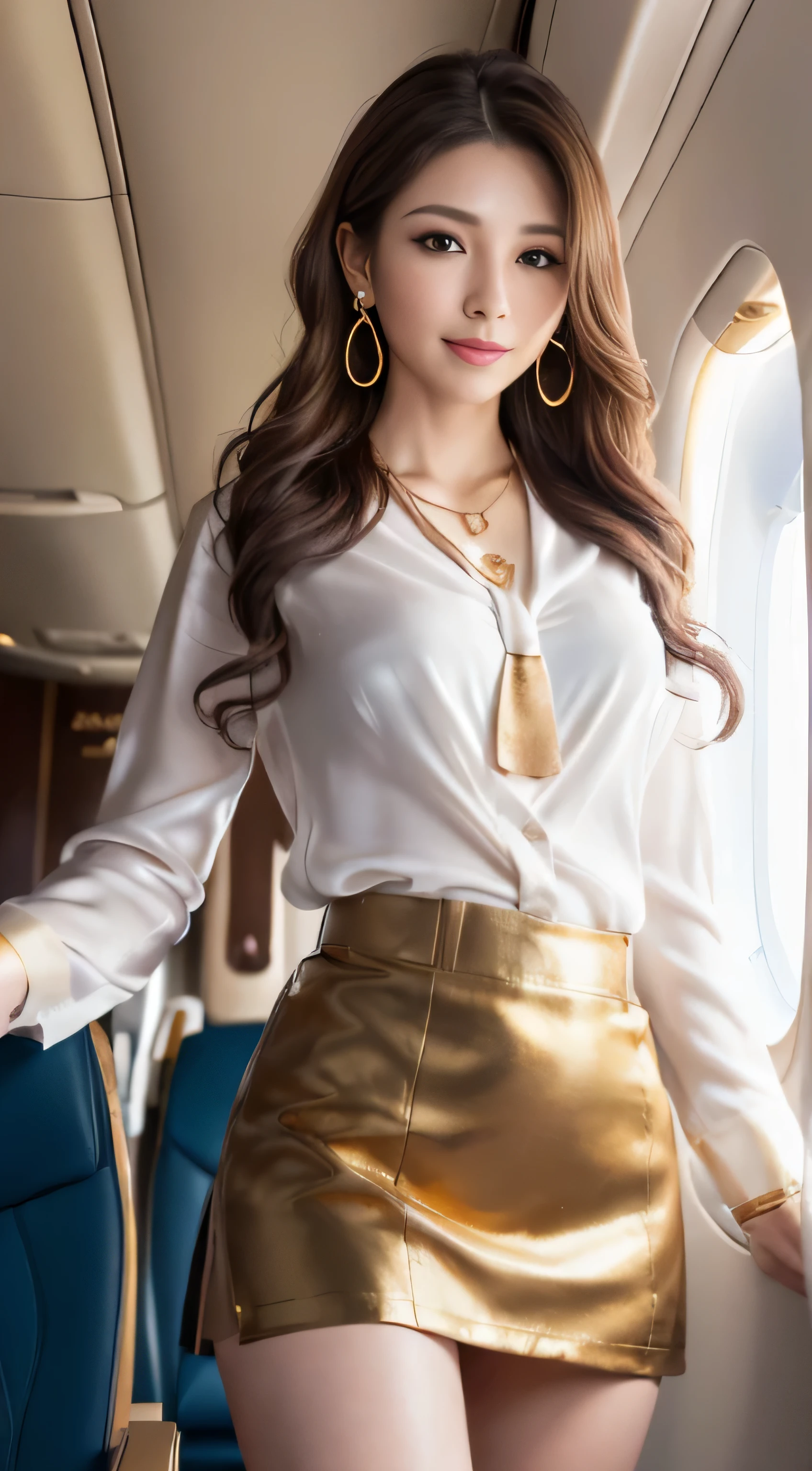 masterpiece, highest quality, realistic, Super detailed, small details, High resolution, 8k wallpaper, 1 beautiful woman, wear casual business wear, in a great restaurant, At night, light brown messy hair, perfect dynamic composition, beautiful and detailed eyes,((Hair with loose waves inside:1.2)),((gold necklace＿Large earrings:1.2)),((Super long brown hair:1.2))、fullbody shot、((full figure supermodel standing, entire body in frame))、((look down at the viewer,from below:1.5))((stewardess uniform,flight attendant uniform,tight miniskirt,white shirt,silk scarf,inside the airplane:1.4)),((shy smile:1.3))