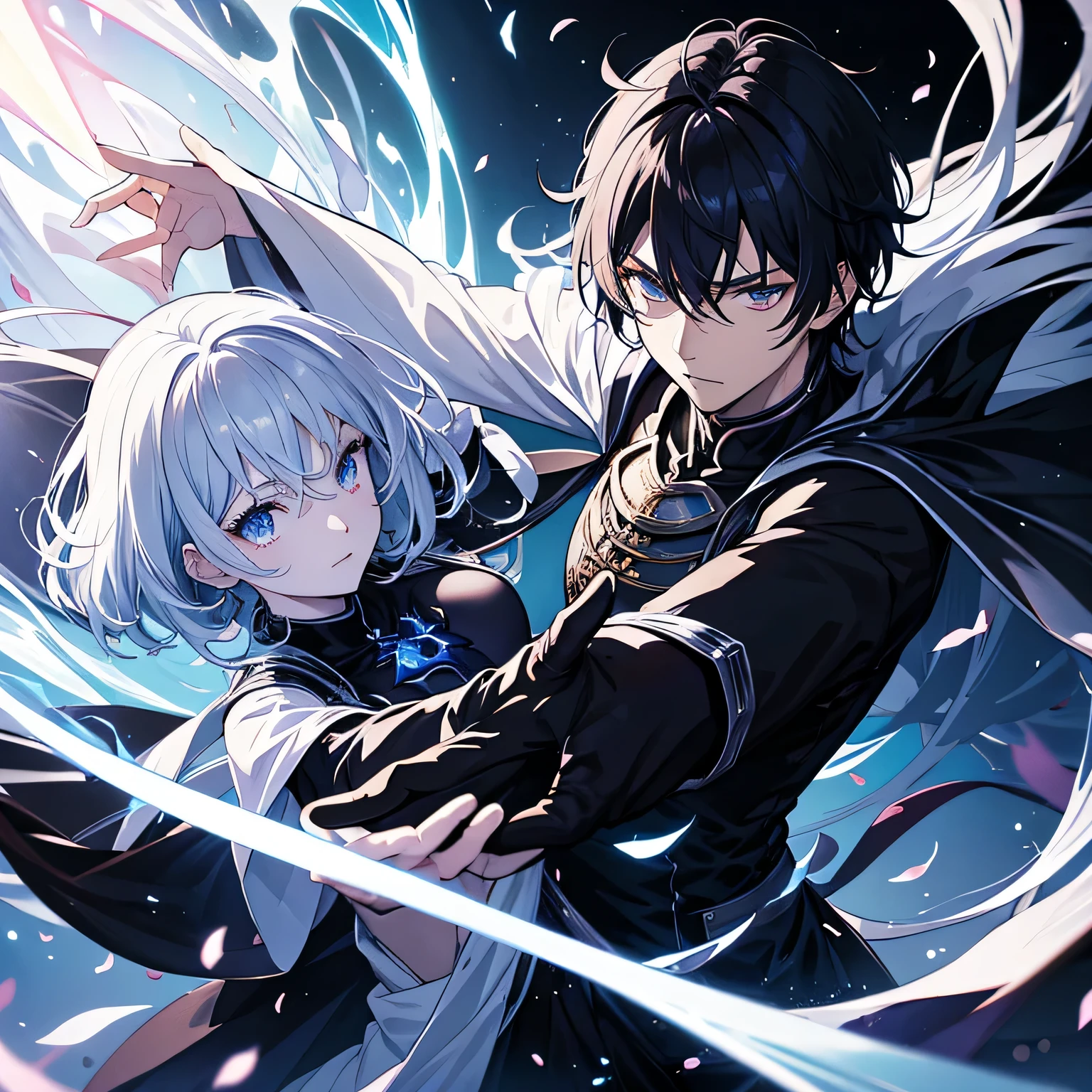 Create a manga cover about dark magic themed anime. The protagonist is a Black-haired guy with a demon power. Alongside him is a pretty silver-haired goddess mage.