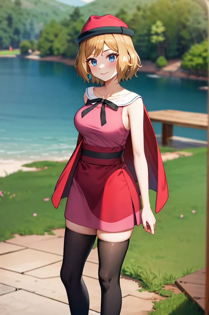 masterpiece, best quality, highres, serena \(pokemon\), short hair, blue eyes, 1girl, solo, blue ribbon, eyelashes, black thighs, neck ribbon, sleeveless, bangs, collarbone, bare arms, pink dress, red coat, pink hat, outdoor, standing by a lake, blushing, smile, long stockings, black stockings, mid-thigh stockings, medium-sized female breasts,  Neckline, detailed background, background of great details.