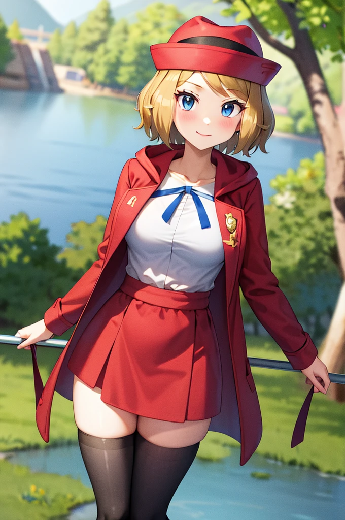 masterpiece, best quality, highres, serena \(pokemon\), short hair, blue eyes, 1girl, solo, blue ribbon, eyelashes, black thighs, neck ribbon, sleeveless, bangs, collarbone, bare arms, pink dress, red coat, pink hat, outdoor, standing by a lake, blushing, smile, long stockings, black stockings, mid-thigh stockings, medium-sized female breasts,  Neckline, detailed background, background of great details.