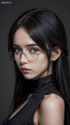 ((Matserpiece)), Melhor qualidade, high resolution, Sarada, envelhecer, maduro, adulto, salto de tempo, arrumar o cabelo, thin glasses, ombro nu, jaqueta preta, topo do tubo, black topo do tubo, fundo simples, pose sexy, Olhos pretos, cabelo preto, fechar-se, brinco, clavicle, uchiha symbol brinco, Cabelo muito curto, moleca hair, moleca, long topo do tubo, gargantilha, (boruto two blue vortex), meio corpo, cinto, saia,