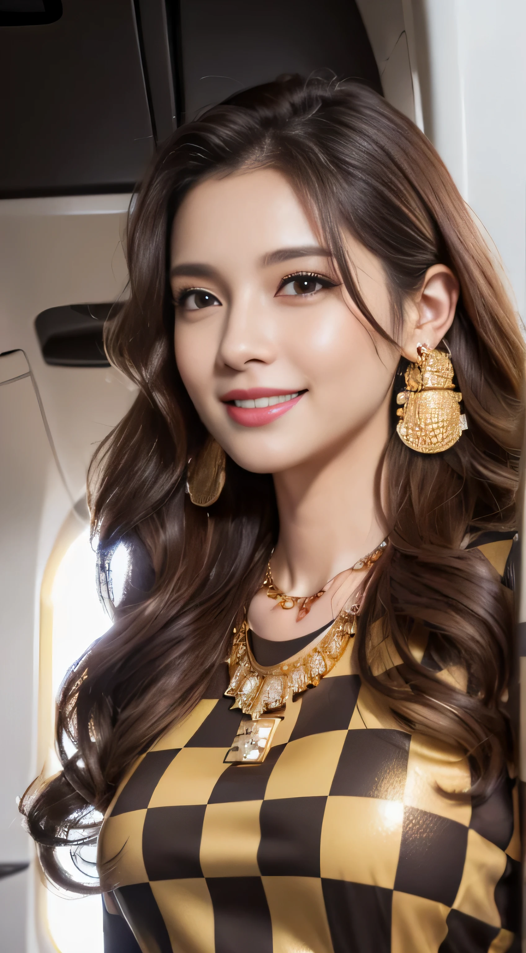 masterpiece, highest quality, realistic, Super detailed, small details, High resolution, 8k wallpaper, 1 beautiful woman, wear casual business wear, in a great restaurant, At night, light brown messy hair, perfect dynamic composition, beautiful and detailed eyes,((Hair with loose waves inside:1.2)),((gold necklace＿Large earrings:1.2)),((Super long brown hair:1.2))、fullbody shot、((full figure supermodel standing, entire body in frame))、((look down at the viewer,from below:1.5))((bold checkerboard print dress,inside the airplane:1.4)),((shy smile:1.3))