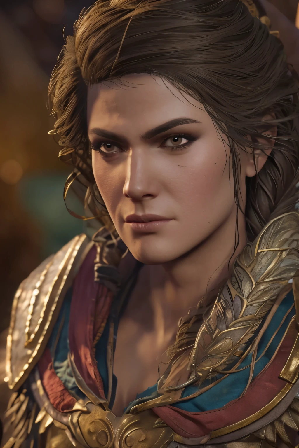 extremely detailed Kassandra Assassin's Creed Universe,Detailed Lips, Detailed Eyes, detailed eyelashes, detailed face, textured skin, super detail lighting, full body shot, 