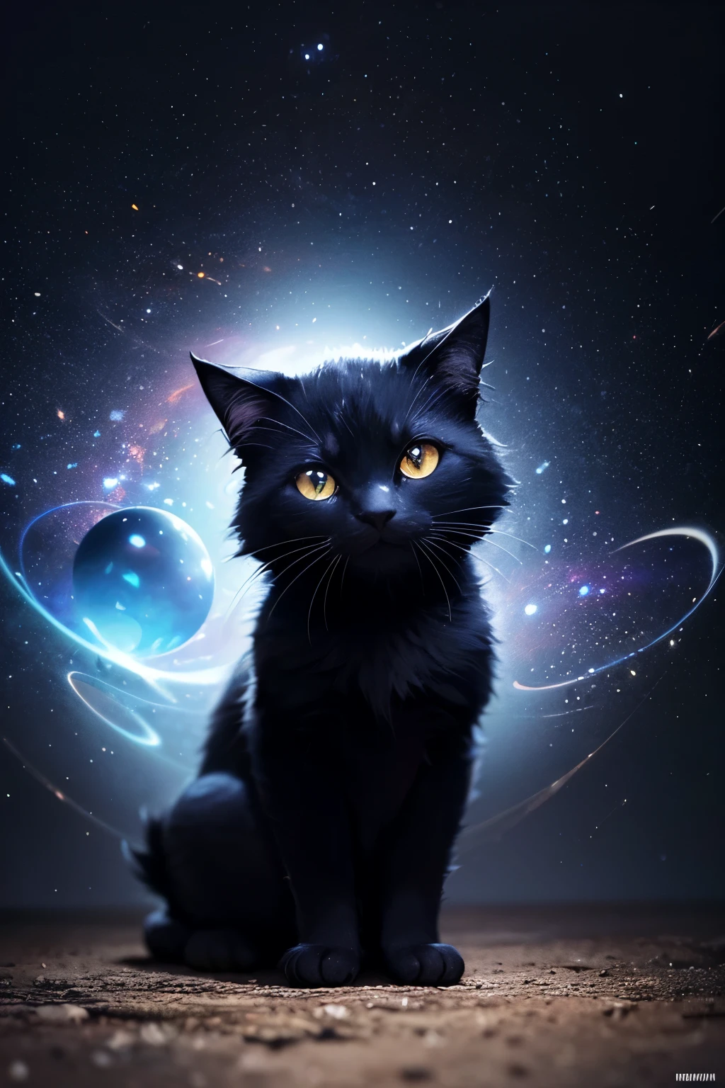 A black cat with the galaxy in its eyes, Mesmerizing details, Hyperrealistic CGI, Octane render, Dramatic lighting, Low angle, High ISO, 8k resolution
