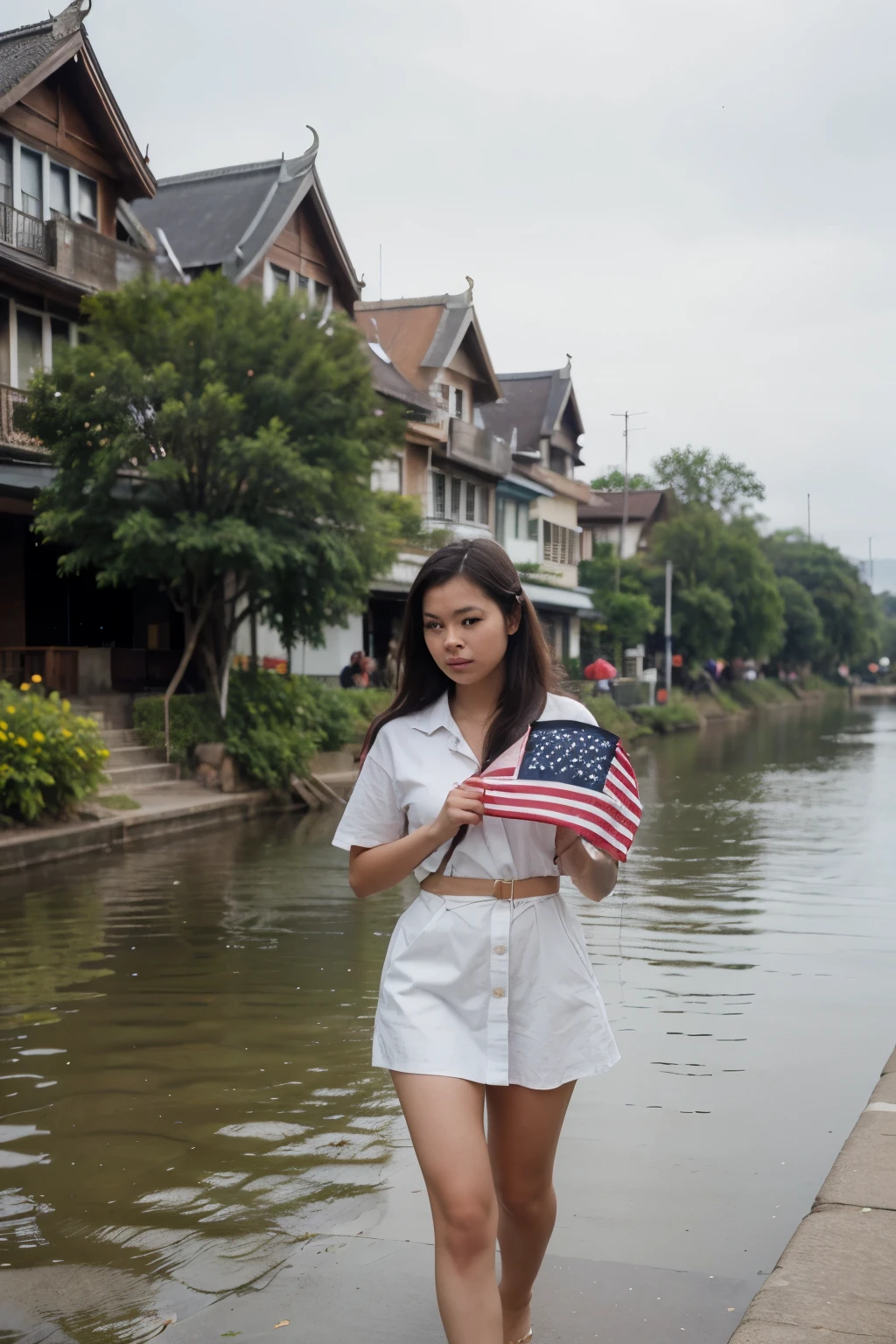 ((best quality)), ((masterpiece)), (detailed), perfect face
Laos girl carrying US flag walking at river side