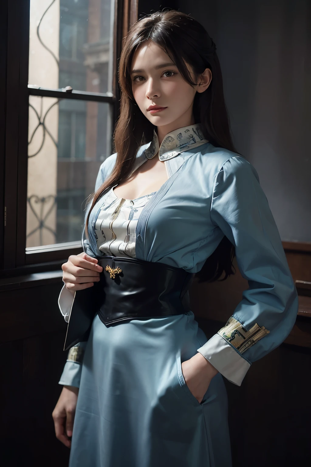 Hyperrealist portrait of female by david hockney and alphonse mucha,fantasy art, photo realistic, dynamic lighting, artstation, poster, volumetric lighting, very detailed faces, 4 k, award winning,, 1girl, in the dark, deep shadow, low key,cowboy shot,(official clothing:1.4) ,long hair,white hair,
