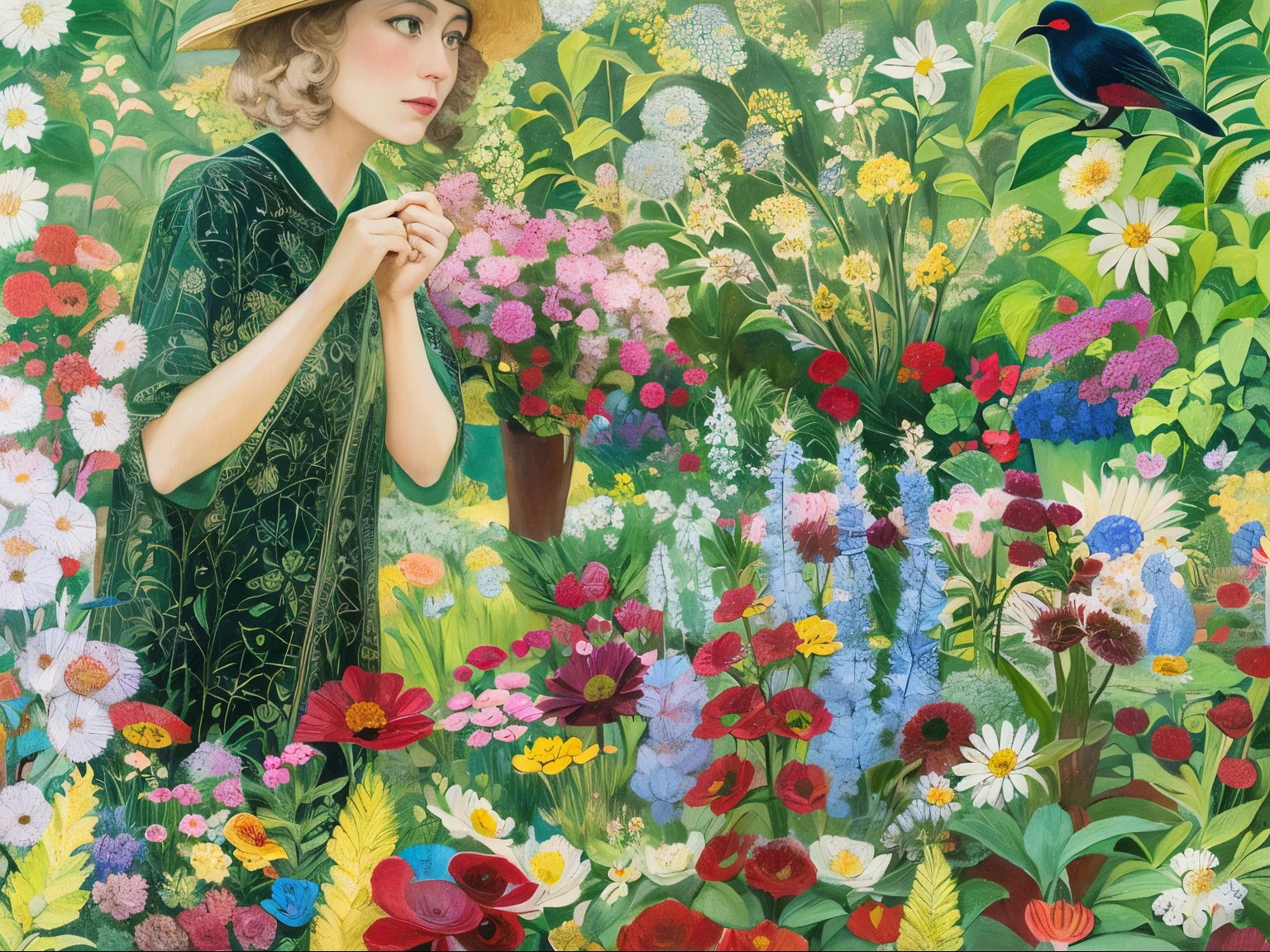 a painting of a woman in a garden with flowers and a bird, she is the center of the garden, by Joan Brown, inspired by Marianne von Werefkin, gardening, in a garden, in the garden, inspired by May Louise Greville Cooksey, inspired by Diane Dillon, inspired by Prudence Heward, by Phyllis Ginger, inspired by Dora Carrington