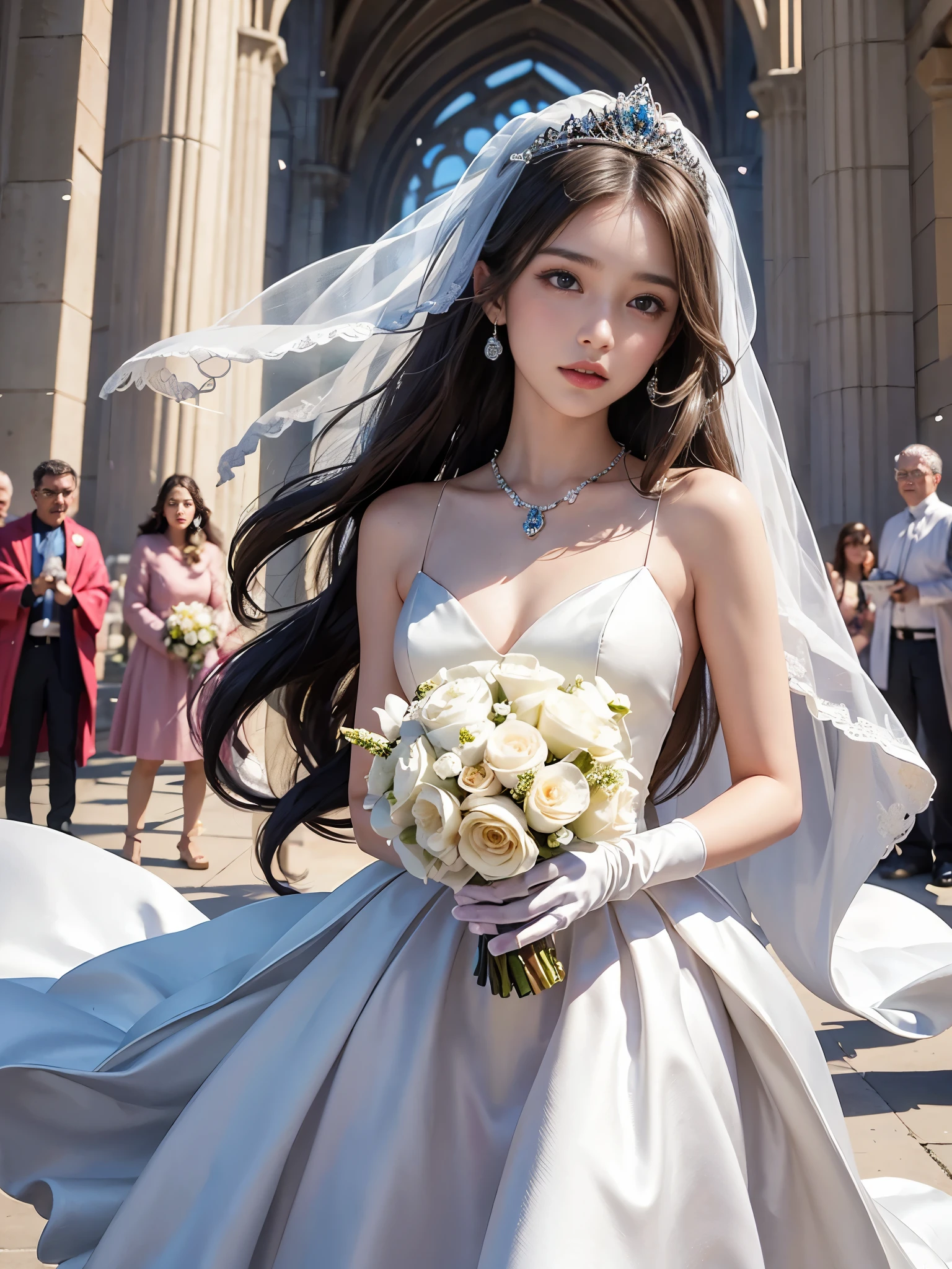 best quality, masterpiece, 1 girl, yak, cute teen, shiny lips, sweet, sun glare, Conservative attire, Bead material bell-line wedding dress, white gloves, bouquet, bridal tiara, depth of field, blurred background, Cathedral Background, light particles, strong wind, head tilt, long hair,
