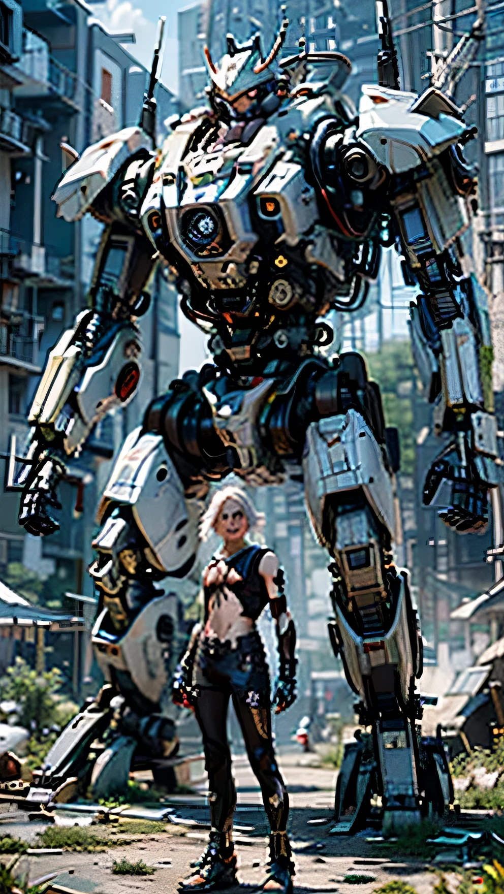 ((masterpiece, best quality)),illustration,ultra detailed 8k,photorealistic,sharp focus,highly detailed,professional lighting,colorful details,iridescent colors BREAK extreme long shot of a factory,large mechanical robot construction,microchip,computer,glowing,intricate details,shitu-mecha,1 man is standing in front of the audience,handsome,white hair,shirtless,sixpack,light smile