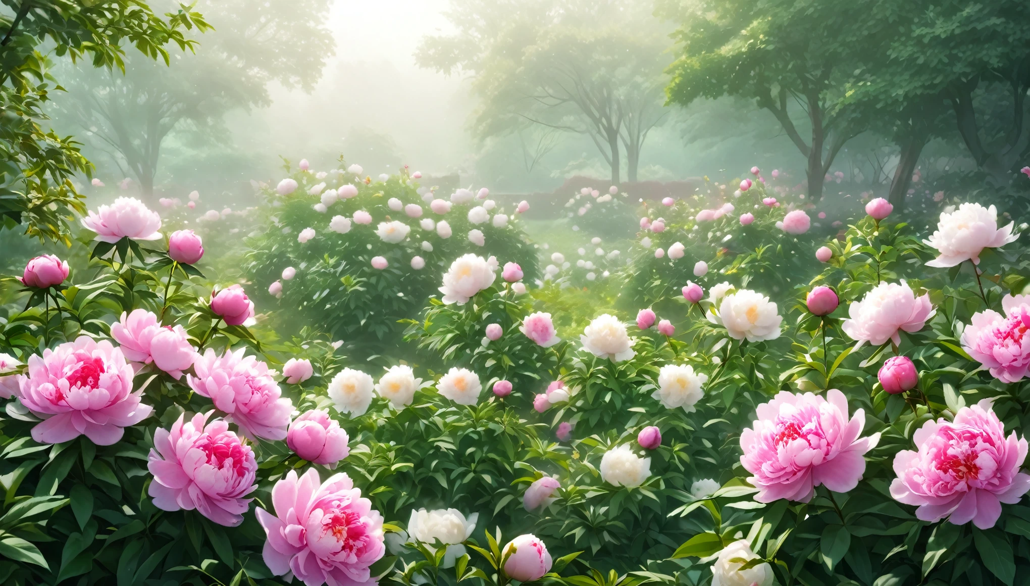 China, peaceful, garden, many peonies, spring, misty, no humans, Mint color background，(RAW photo, best quality), (realistic, photo-realistic:1.3), masterpiece, an extremely delicate and 
beautiful, highres, original, perfect lighting, (extremely detailed CG:1.2), unity, 2k wallpaper, 
Amazing, finely detail