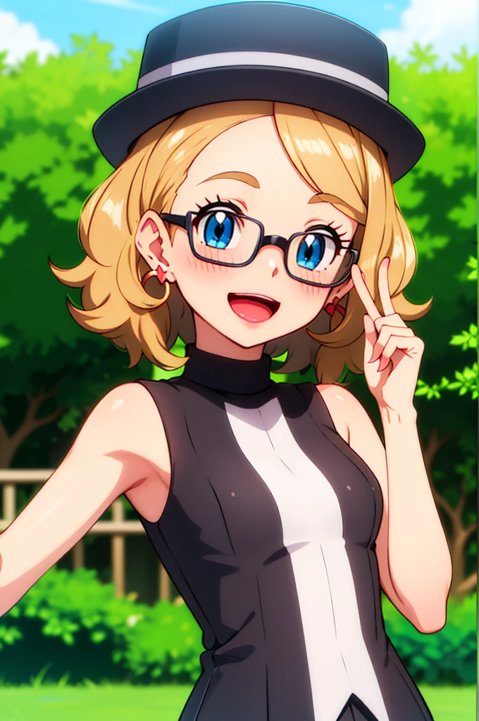 masterpiece, best quality, highres, 1girl, solo, blush, smile, short hair, open mouth, bangs, blue eyes, blonde hair, hat, jewelry, upper body, :d, earrings, outdoors, sky, sleeveless, day, tongue, shiny, cloud, hand up, water, blurry, vest, bare arms, eyelashes, turtleneck, border, happy, grass, sweater vest, sleeveless turtleneck, grey headwear, glasses