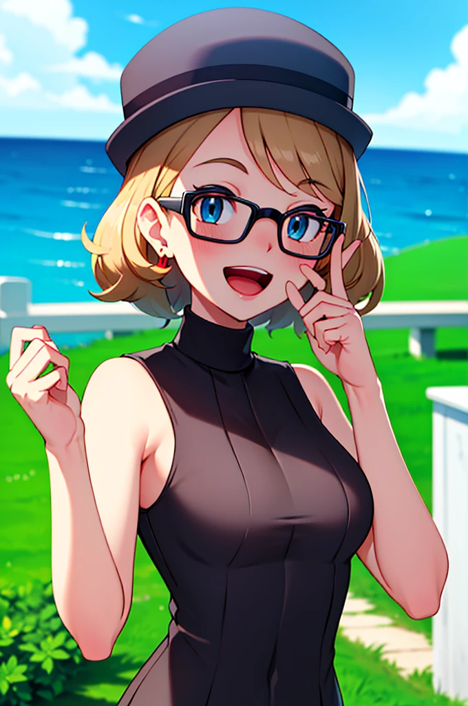 masterpiece, best quality, highres, 1girl, solo, blush, smile, short hair, open mouth, bangs, blue eyes, blonde hair, hat, jewelry, upper body, :d, earrings, outdoors, sky, sleeveless, day, tongue, shiny, cloud, hand up, water, blurry, vest, bare arms, eyelashes, turtleneck, border, happy, grass, sweater vest, sleeveless turtleneck, grey headwear,  glasses
