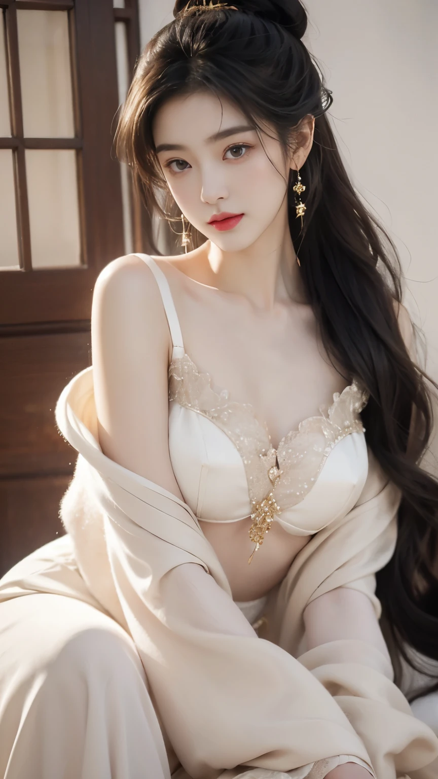 1 girl, The figure of the heroine is vaguely visible,Just like the fairy in the painting,Slender sexy legs,broad shoulders,(Big breasts:1),(Great Assa:1.5),wide hips ,bare legs,Charming figure,(Beautiful and moving),very nice legs,Show legs,Exposes a sexy,美丽而又带着一丝mystery的色彩。Her face is beautiful and delicate,Like finely carved jade,Showing otherworldly beauty。Picturesque eyebrows,The waves in my eyes are like twinkling stars,Show the light of perseverance and wisdom。The bridge of the nose is straight,Lip color like cherry,The slightly raised corners of the mouth reveal confidence and calmness。her face is chiseled,Skin as fair as jade,Reveal a healthy glow,Just like fairies。Her makeup is light and delicate,Not too much embellishment,But enough to show her temperament and charm。Light-colored foundation brings out the transparency of the skin,A light eyebrow pencil outlines her perfect eyebrow shape,Eye makeup is eye shadow and eyeliner,Make her eyes brighter and more energetic。Lips painted with elegant lipstick,Adds a bit of charm and sophistication。Her clothes are elegant and chic,Clothes fluttering,It seems like it will be blown up by the wind at any time,drifting into the distance。Without losing elegance,Also showed off her extraordinary skills。Her hair is tied back casually,Secure it with a hosta,A few strands of hair flutter gently in the wind,Adds a bit of softness。She seems to be a fairy in fairyland、mystery、and full of power。
