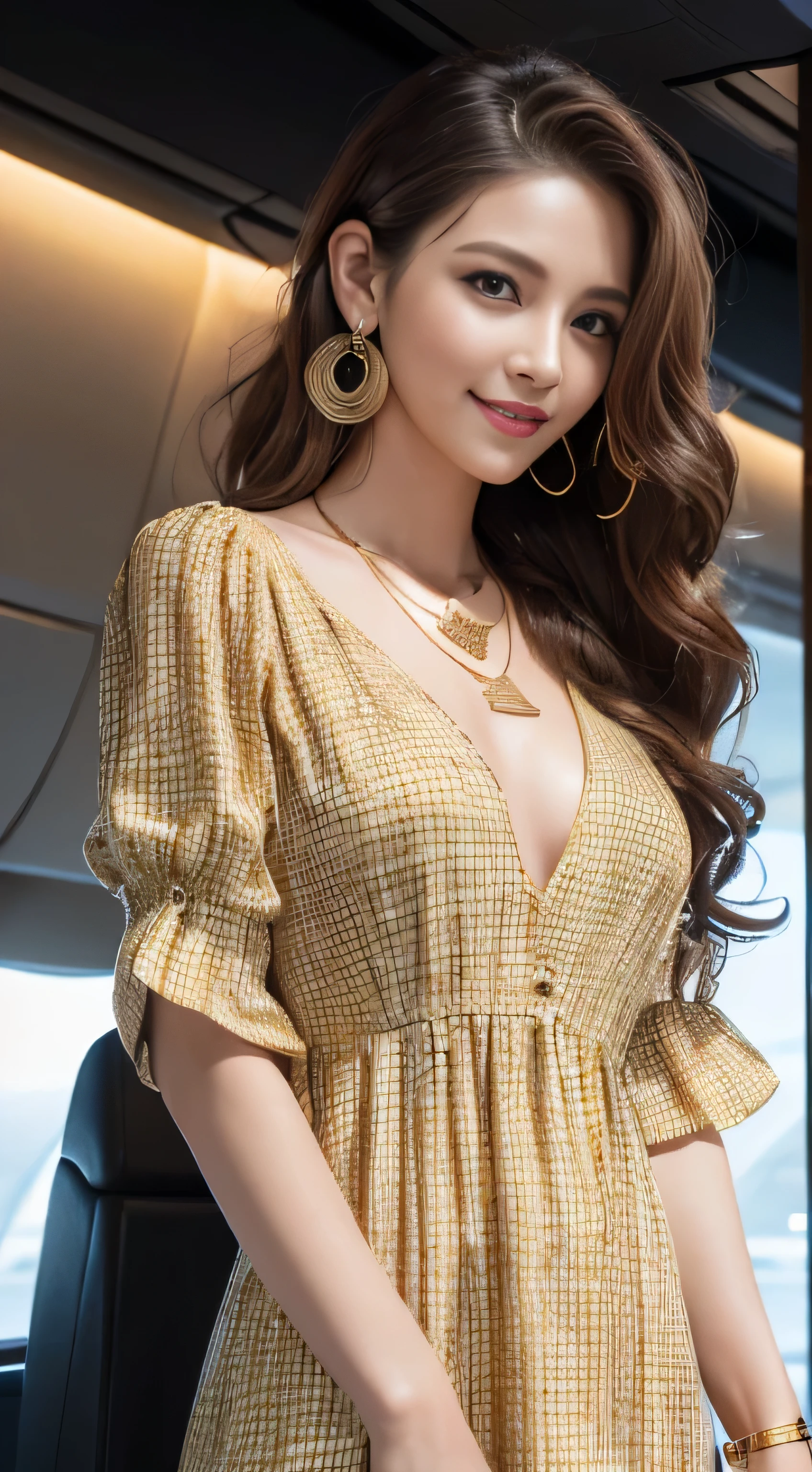 masterpiece, highest quality, realistic, Super detailed, small details, High resolution, 8k wallpaper, 1 beautiful woman, wear casual business wear, in a great restaurant, At night, light brown messy hair, perfect dynamic composition, beautiful and detailed eyes,((Hair with loose waves inside:1.2)),((gold necklace＿Large earrings:1.2)),((Super long brown hair:1.2))、fullbody shot、((full figure supermodel standing, entire body in frame))、((look down at the viewer,from below:1.5))((Intricate and bold checkered print dress,inside the airplane:1.4)),((shy smile:1.3))
