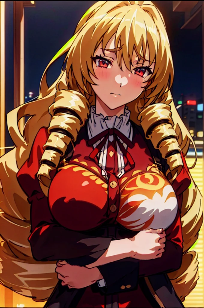 (night:1.7), Japan, Tokyo, City view, in front of the window, standing at attention,(upper_body:1.3), ribbon tie,red ,red dress,length_sleeve,black pantyhose, blonde hair,very length hair, Drillヘア,twin_Drill,green_eye, 1 girl,manga,20 years,mature woman,beautiful Finger,beautiful length legs,beautiful body,beautiful Nose,beautiful character design, perfect eye, perfect face, looking at the viewer, official art,Highly detailed CG Unity 8K wallpaper, perfect lighting,colorful, bright_front_face_lit, (masterpiece:1.0),(Highest_quality:1.0), 超High resolution,4k,Super detailed, photo shoot, 8K, HDR, High resolution, disorganized:1.2, kodak portrait 400, film grain, blurred background, Bokeh:1.2, Lens flare, (lively_color:1.2) (beautiful,big_chest:1.4), (beautiful_face:1.5),(narrow_waist), 