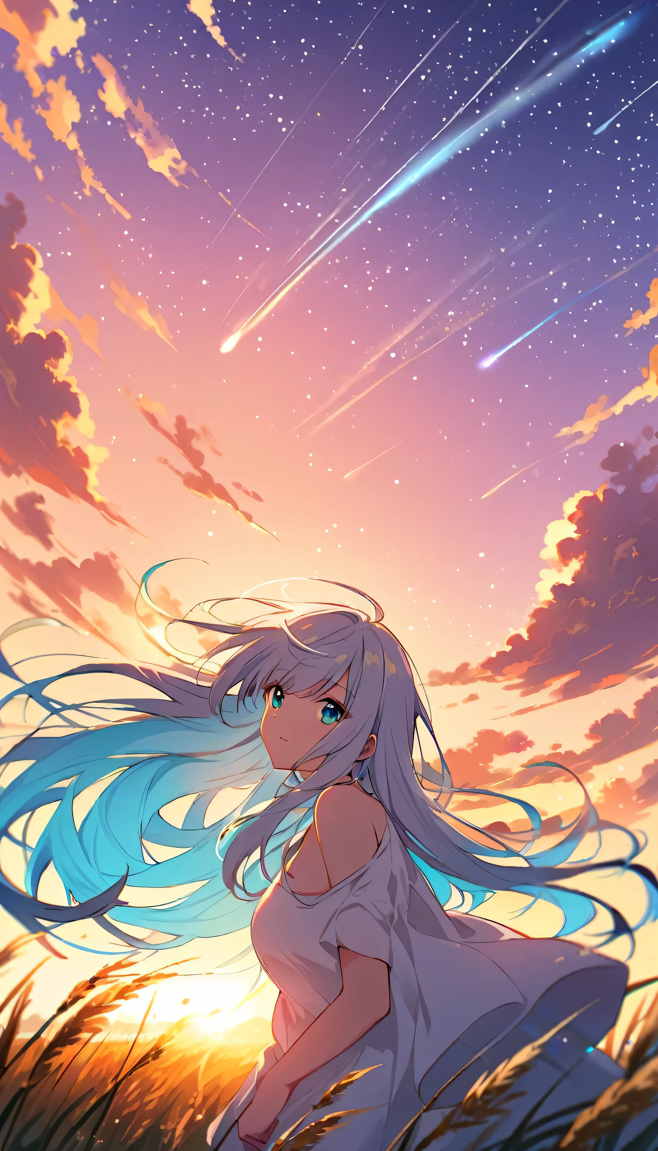 1girl、young girl、white hair、long hair、bangs、bright aqua eyes、floating white T shirt oversized、bust-up、depth of field、wheat field、sunset、starry sky、shooting star、wind