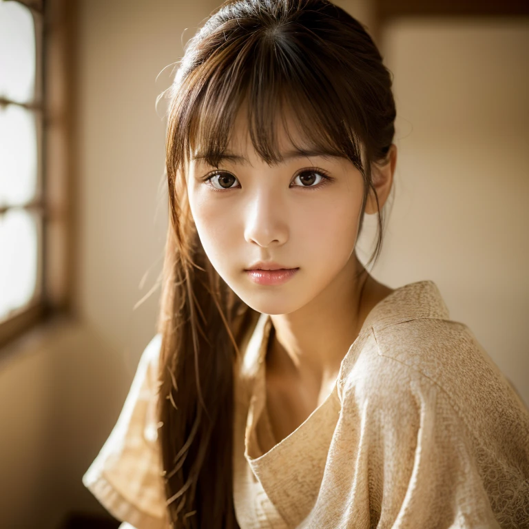 highest quality, face focus, soft light, ultra high resolution, (realistic:1.4), Raw photo, 1 Japanese girl, alone, cute, (pupil, There&#39;s a light in my eyes), detailed beautiful face, (),(High resolution details of human skin texture), (long hair), indoor, damask shirt dress, (portrait)