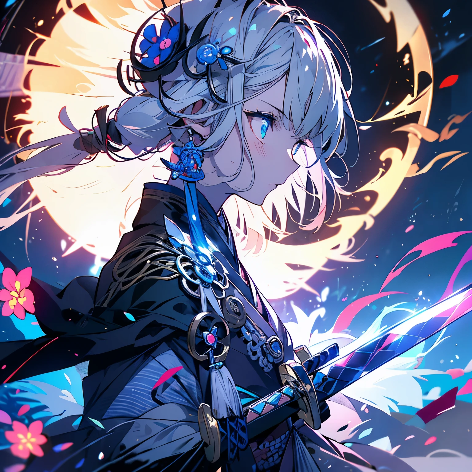 highest quality、masterpiece、anime girl、white hair、serious face、Landscape、profile、(((holding one Japanese sword)))、Aikikiri、warrior、night sky、moon