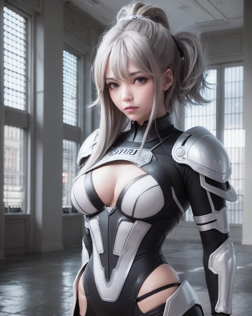 Goku ultra realistic female version of the real world, pele humana real trincada, Rabo, energia saindo do corpo, cabelo voando com raios de energia, cabelo de fogo, Amazing image, mythological style, cabelo grande de cor branco, corpo lindo, Cyberpunk style mask, olhos amarelos, wearing ultra-futuristic cybernetic armor. Fotografia ultra realista e detalhada.