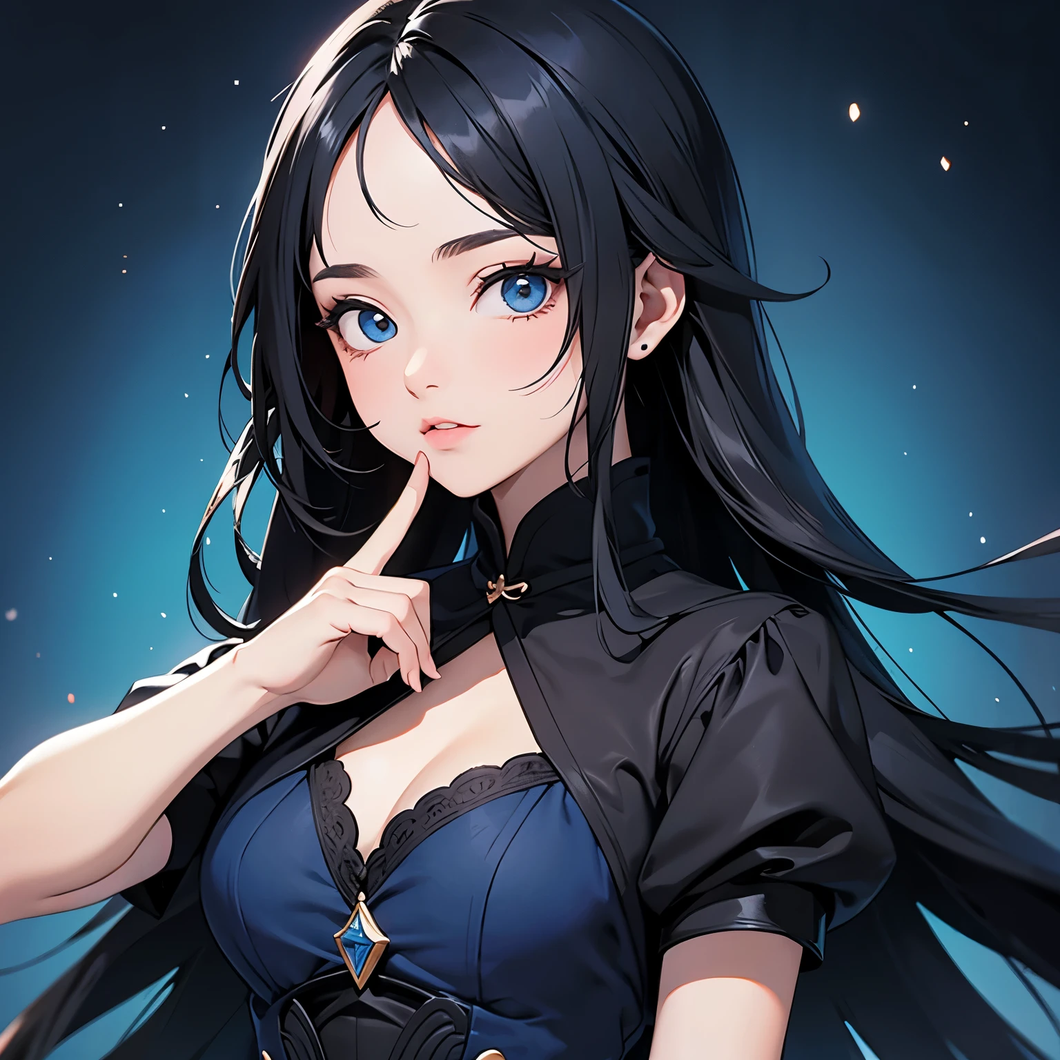 garota magica de cabelo cacheado e preto vestindo um vestido azul no estilo de anime
