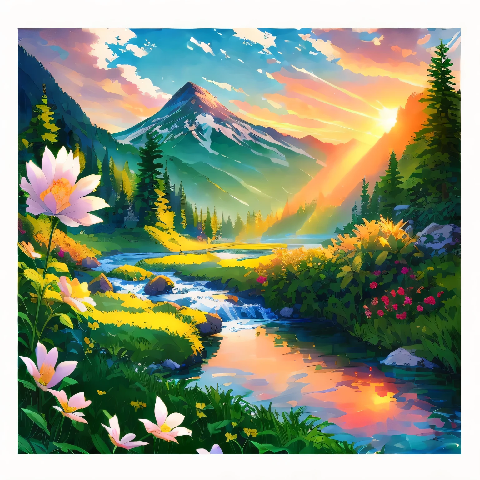 (best lighting, best shadow), Picturesque anime scenery, beautiful natural scenery, stunning views, majestic mountains, Lush green plants, flowing streams and rivers, Colorful flora and fauna, peaceful atmosphere, magical sunset.
