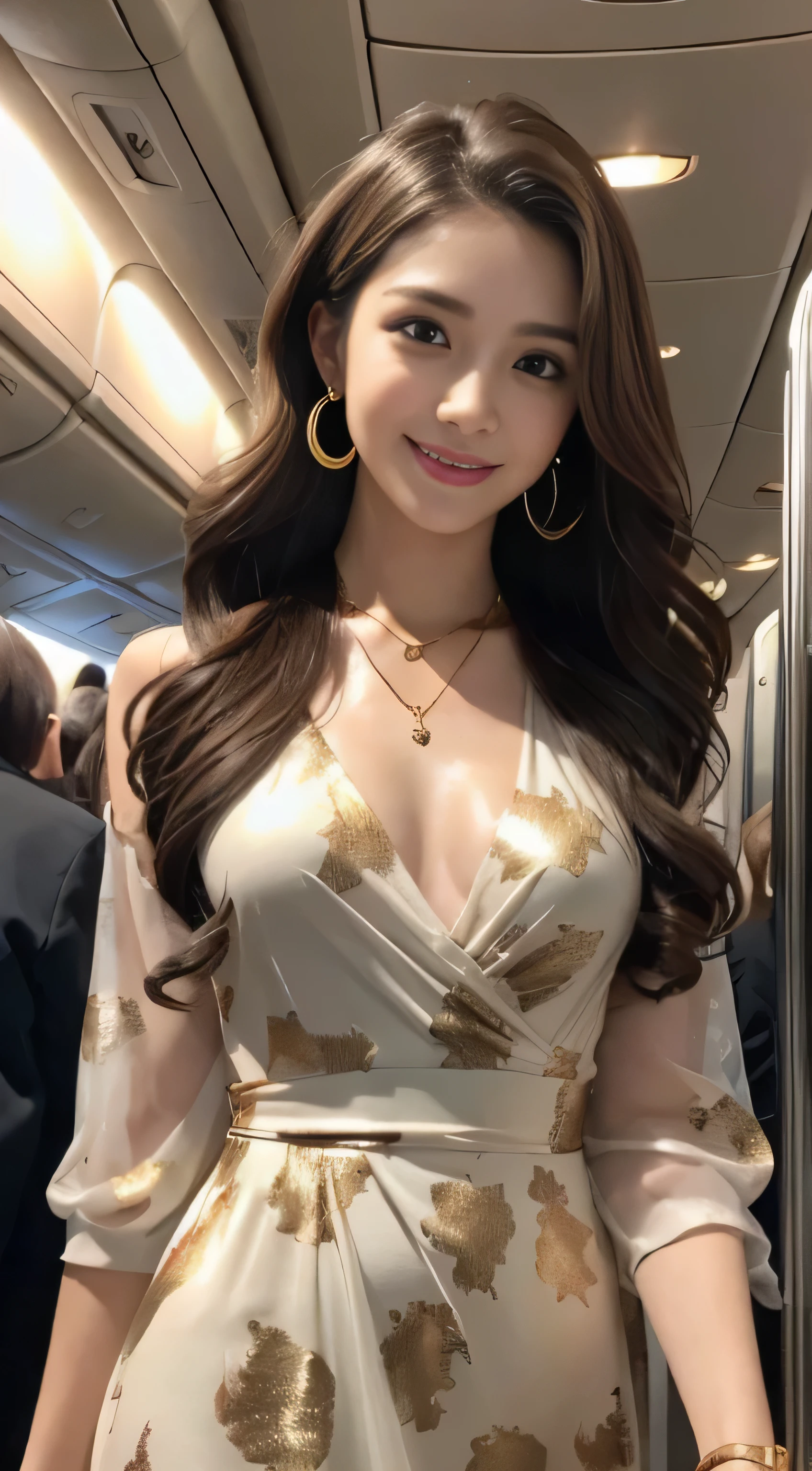 masterpiece, highest quality, realistic, Super detailed, small details, High resolution, 8k wallpaper, 1 beautiful woman, wear casual business wear, in a great restaurant, At night, light brown messy hair, perfect dynamic composition, beautiful and detailed eyes,((Hair with loose waves inside:1.2)),((gold necklace＿Large earrings:1.2)),((Super long brown hair:1.2))、fullbody shot、((full figure supermodel standing, entire body in frame))、((look down at the viewer,from below:1.5))(abstract printed dresses,inside the airplane:1.4)),((shy smile:1.3))
