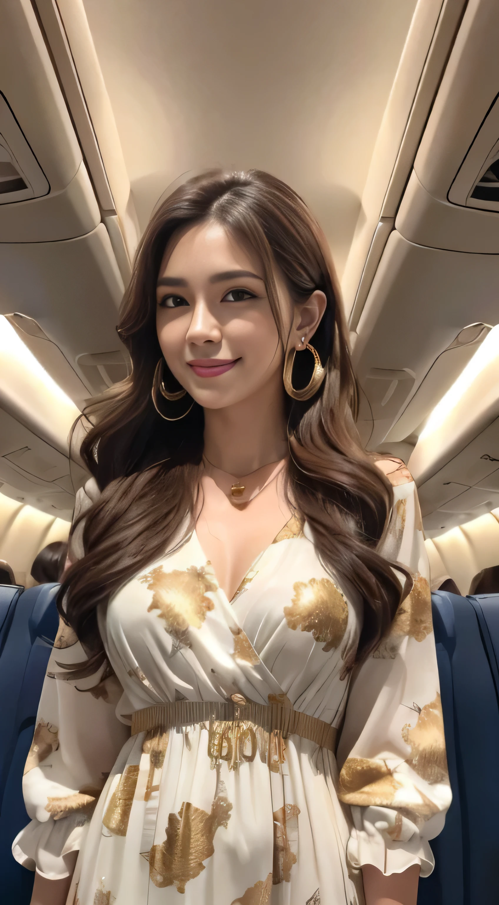 masterpiece, highest quality, realistic, Super detailed, small details, High resolution, 8k wallpaper, 1 beautiful woman, wear casual business wear, in a great restaurant, At night, light brown messy hair, perfect dynamic composition, beautiful and detailed eyes,((Hair with loose waves inside:1.2)),((gold necklace_Large earrings:1.2)),((Super long brown hair:1.2))、fullbody shot、((full figure supermodel standing, entire body in frame))、((look down at the viewer,from below:1.5))(abstract printed dresses,inside the airplane:1.4)),((shy smile:1.3))