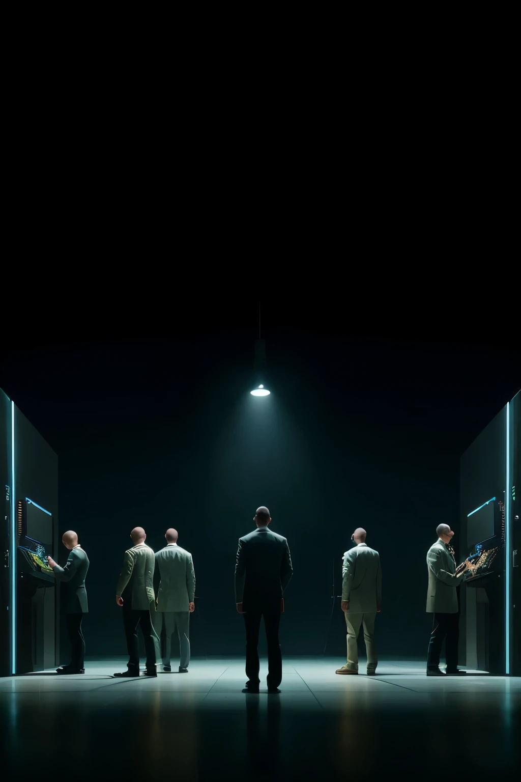 A group of people intently conducting auditory and testing experiments on multiple machine servers, surrounded by a minimalist and neutral background. The atmosphere is moody yet focused, with a hyper-realistic and detailed depiction of each individual engrossed in their work. The scene is illuminated by bright lights, creating a visually stunning display in 8K resolution.