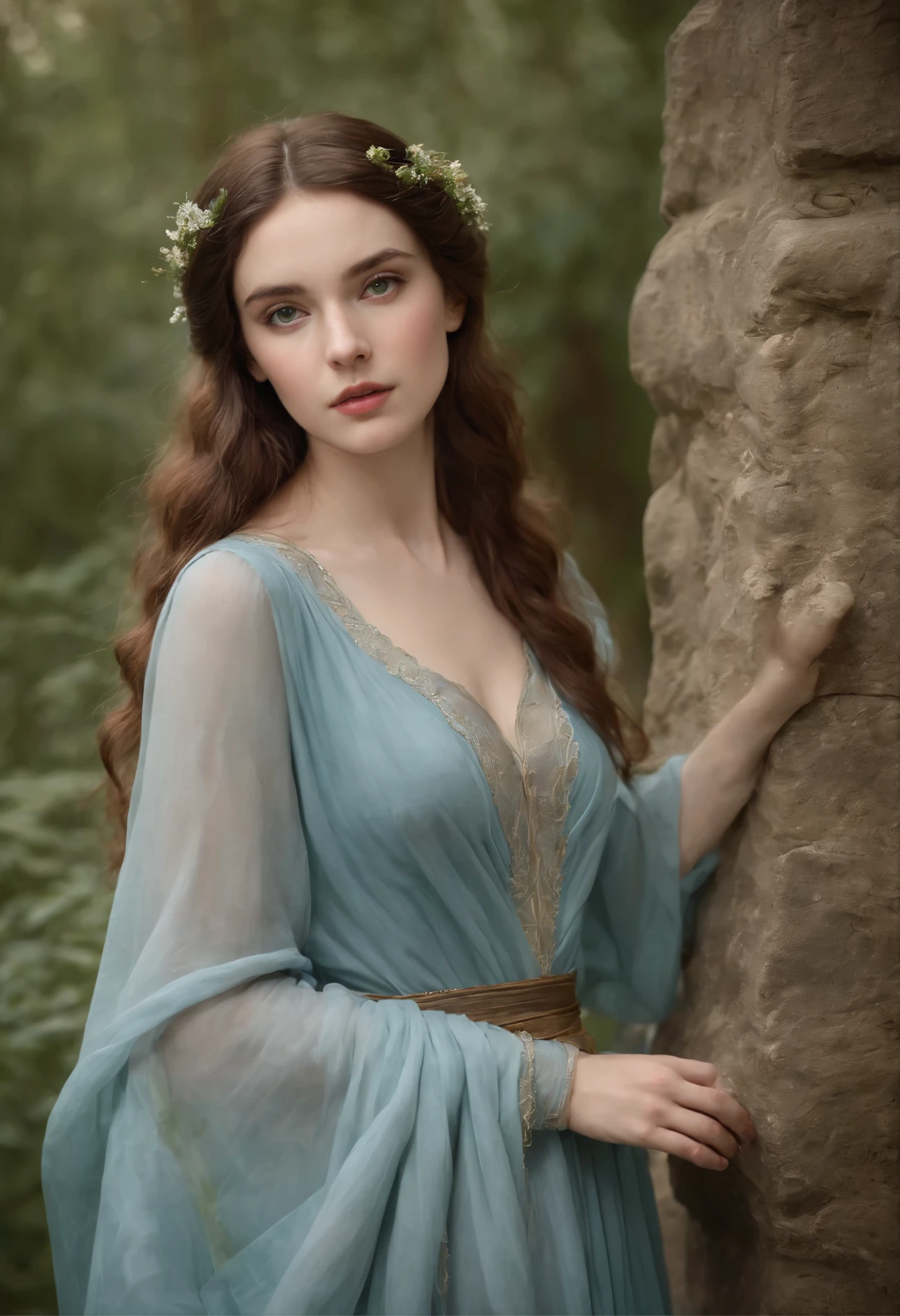 ((pre raphaelite style, romantic))) fair complexion, woman around 19 years old, natural dark hair, distinctive green eyes, wearing pale blue, slender and graceful, beautiful, ancient land setting (high cliffs, waterfall) ultra sharp focus, realistic shot, Ancient Greek female clothes, tetradic colors (), full length pose
