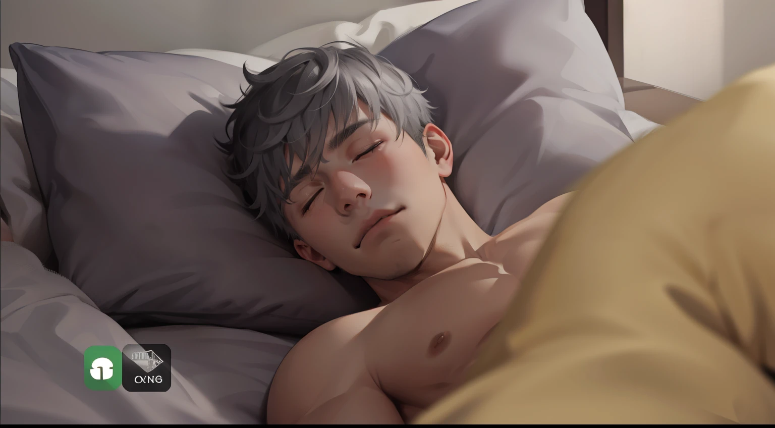 cute 16 year old boy light gray hair shirtless is asleep