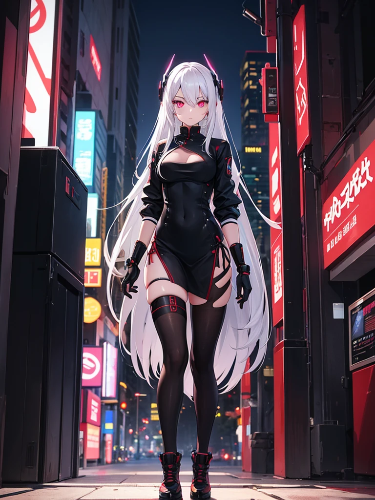 1girl, white hair, long hair, cyber eyes, walk, hight quality, glowing eyes, cyberpunk, cyber arm, glowing tattoo, full body, china dress, black stokings, night city