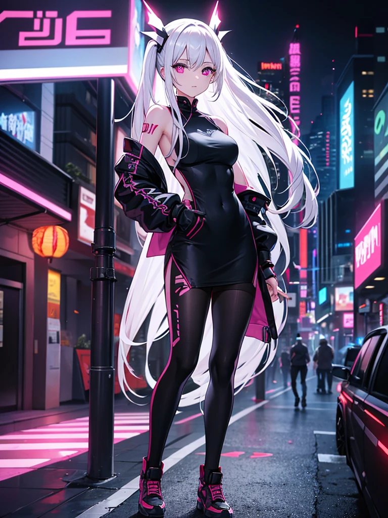 1girl, white hair, long hair, cyber eyes, walk,  hight quality, glowing eyes, cyberpunk, cyber arm, glowing tattoo, full body, china dress, black stokings, night city