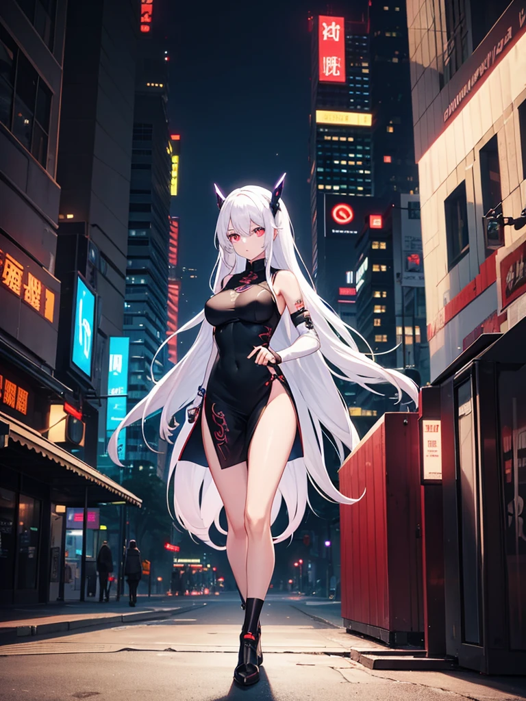 1girl, white hair, long hair, cyber eyes, walk,  hight quality, glowing eyes, cyberpunk, cyber arm, glowing tattoo, full body, china dress, black stokings, night city