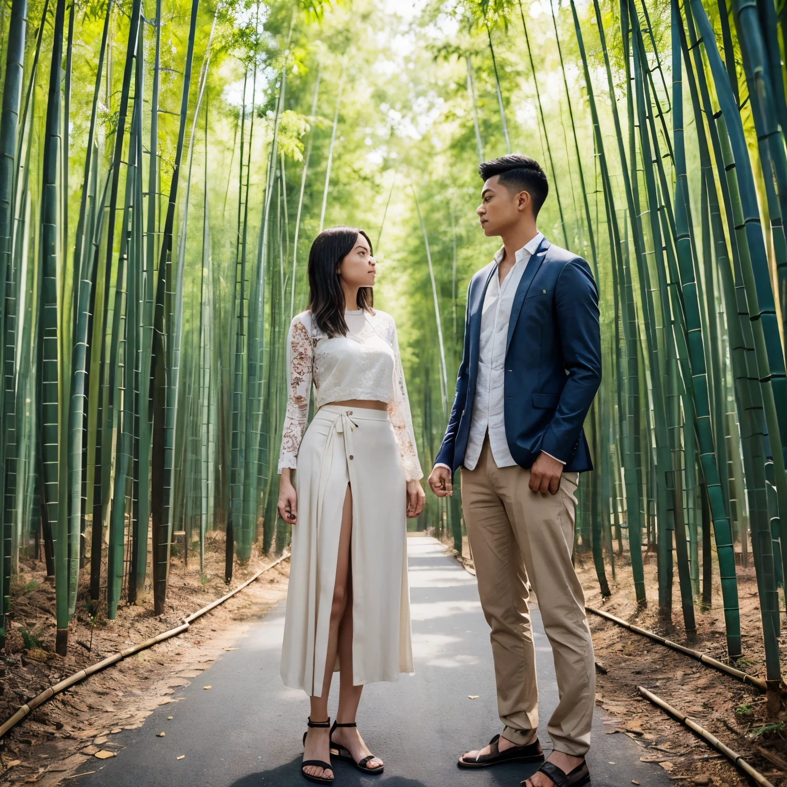 A sharp bamboo stick between two people who are standing