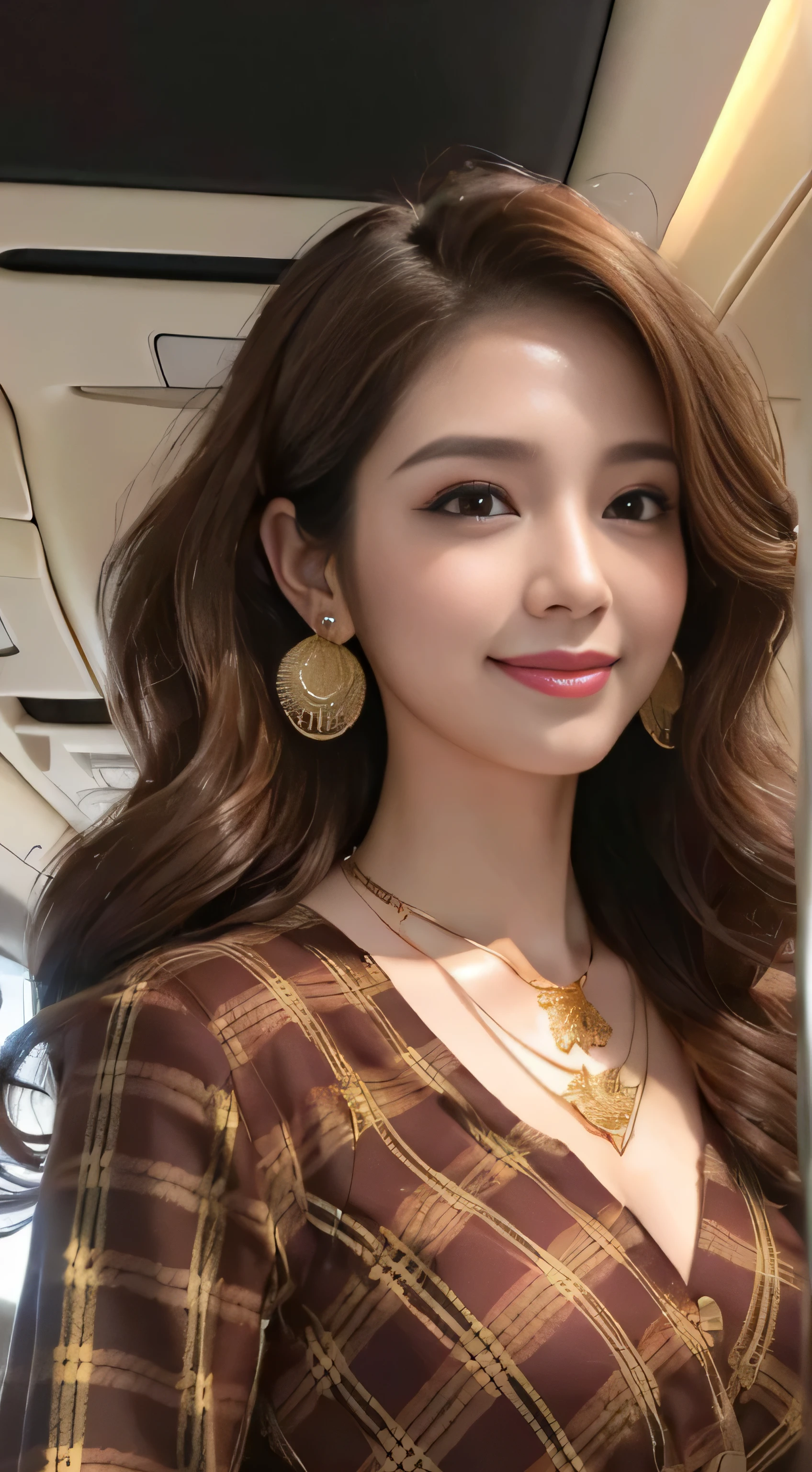 masterpiece, highest quality, realistic, Super detailed, small details, High resolution, 8k wallpaper, 1 beautiful woman, wear casual business wear, in a great restaurant, At night, light brown messy hair, perfect dynamic composition, beautiful and detailed eyes,((Hair with loose waves inside:1.2)),((gold necklace＿Large earrings:1.2)),((Super long brown hair:1.2))、fullbody shot、((full figure supermodel standing, entire body in frame))、((look down at the viewer,from below:1.5))(Complex and bold plaid dresses,inside the airplane:1.4)),((shy smile:1.3))