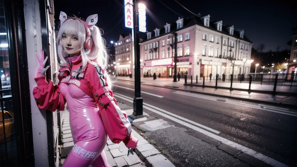 (realistic:1.3), be familiar with, 4K Rendering, masterpiece, ((walk, Side view)), alice cosplay costume, cosplay, pink hair, cropped jacket, animal ear headphones, body suit, Perfect for your skin, socks, Aigents, blue eyes, earrings, eyelash:1.2, blush, (old townscape, building, night),smile